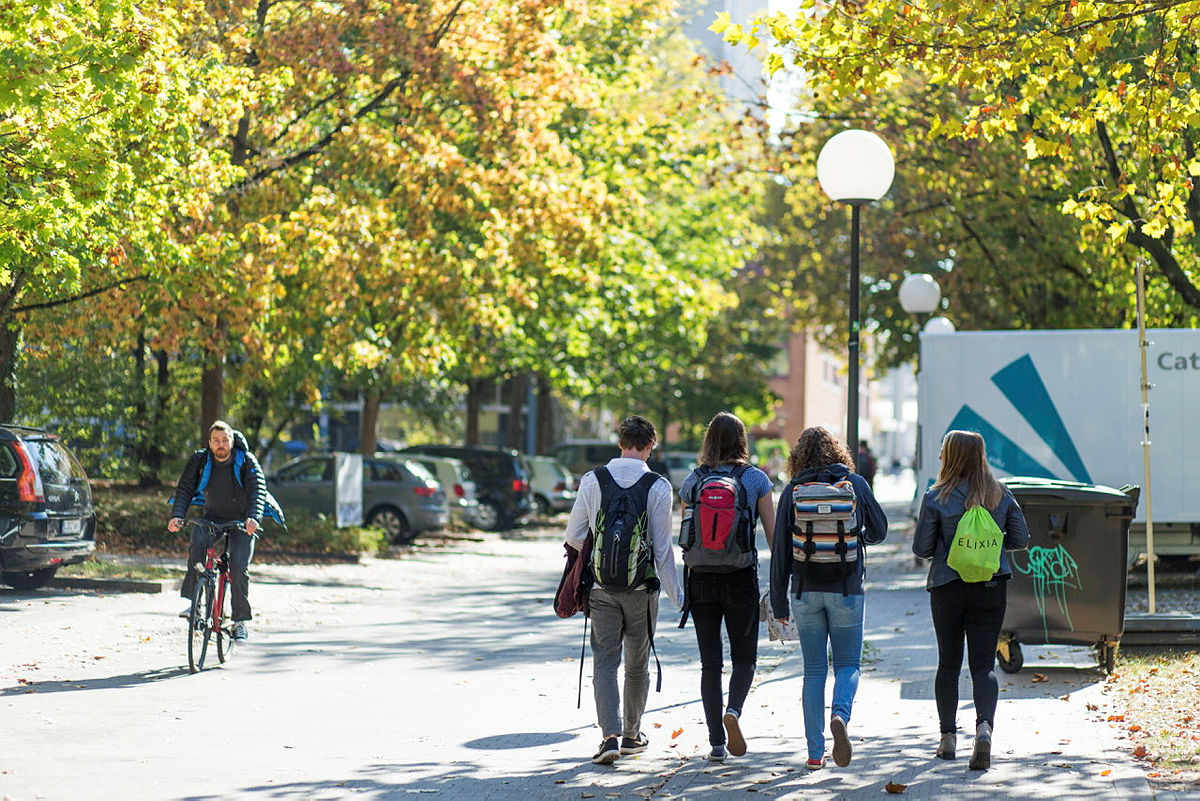 Vier Personen mit Rucks&auml;cken gehen auf einem sonnigen Campusweg; Herbstb&auml;ume, Laternen, Fahrrad fahrender Mann.