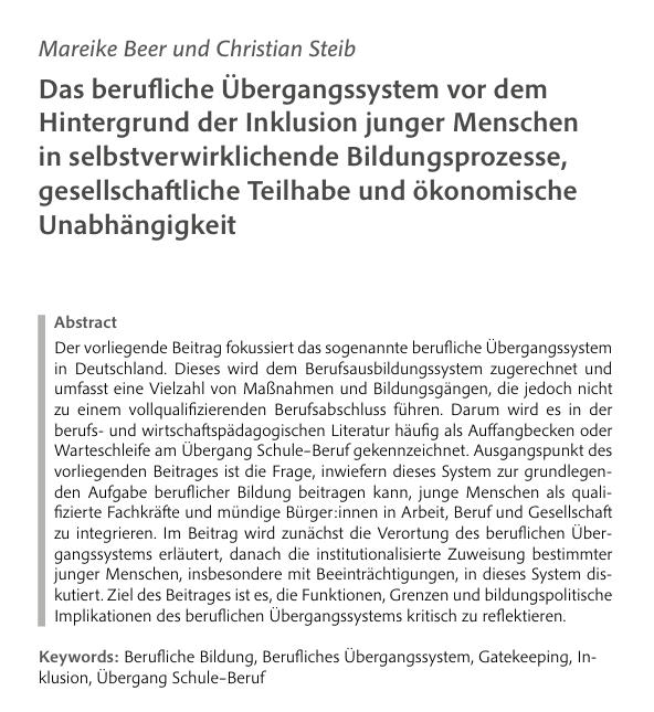 Titelseite wissenschaftlicher Artikel: "Das berufliche Übergangssystem vor dem Hintergrund der Inklusion junger Menschen" von Mareike Beer und Christian Steib