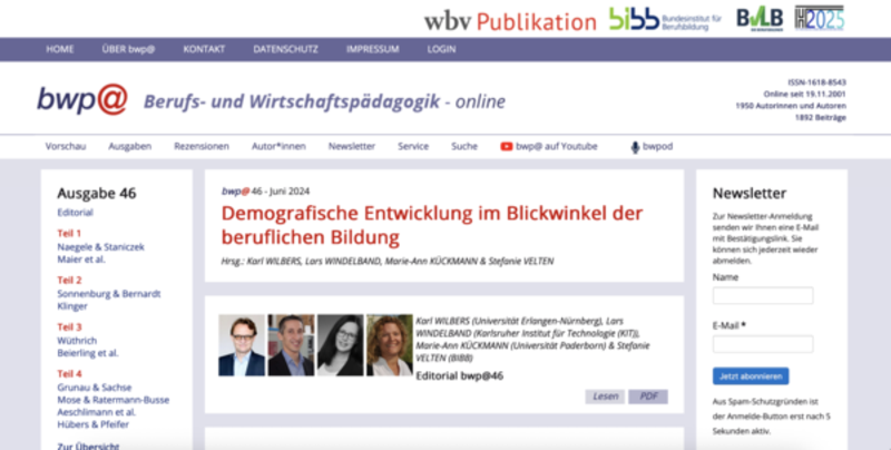 Startseite der Fachzeitschrift "berufs- und wirtschaftspädagogik - online" mit Ausgabe Juni 2024.