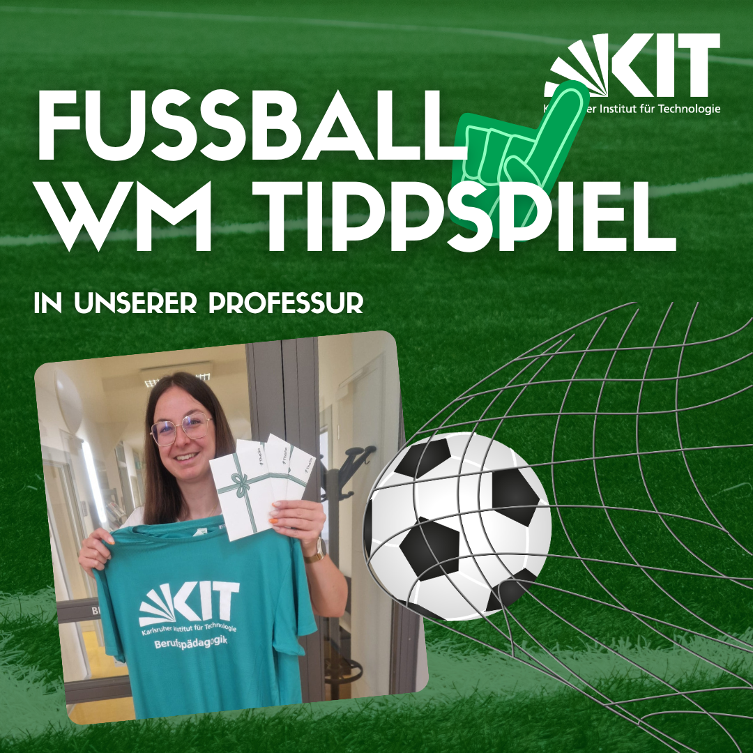 Werbebild für ein Fußball-WM-Tippspiel am KIT mit einer Frau, einem Fußball und einem T-Shirt.