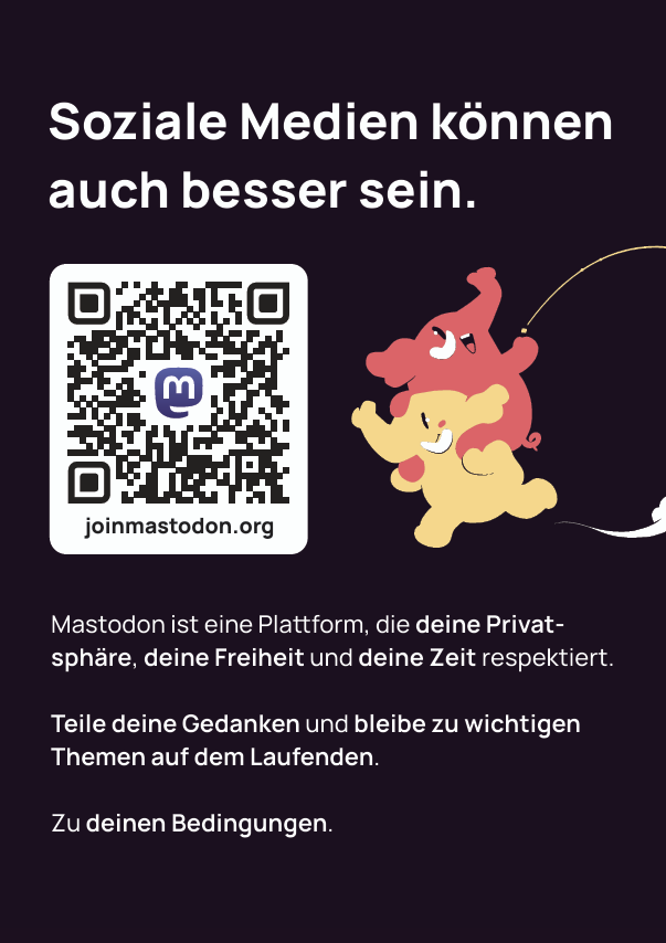 Alt-Text: Plakat mit QR-Code und zwei tanzenden bunten Kuscheltier-Charakteren vor dunklem Hintergrund; Text auf Deutsch daneben.
